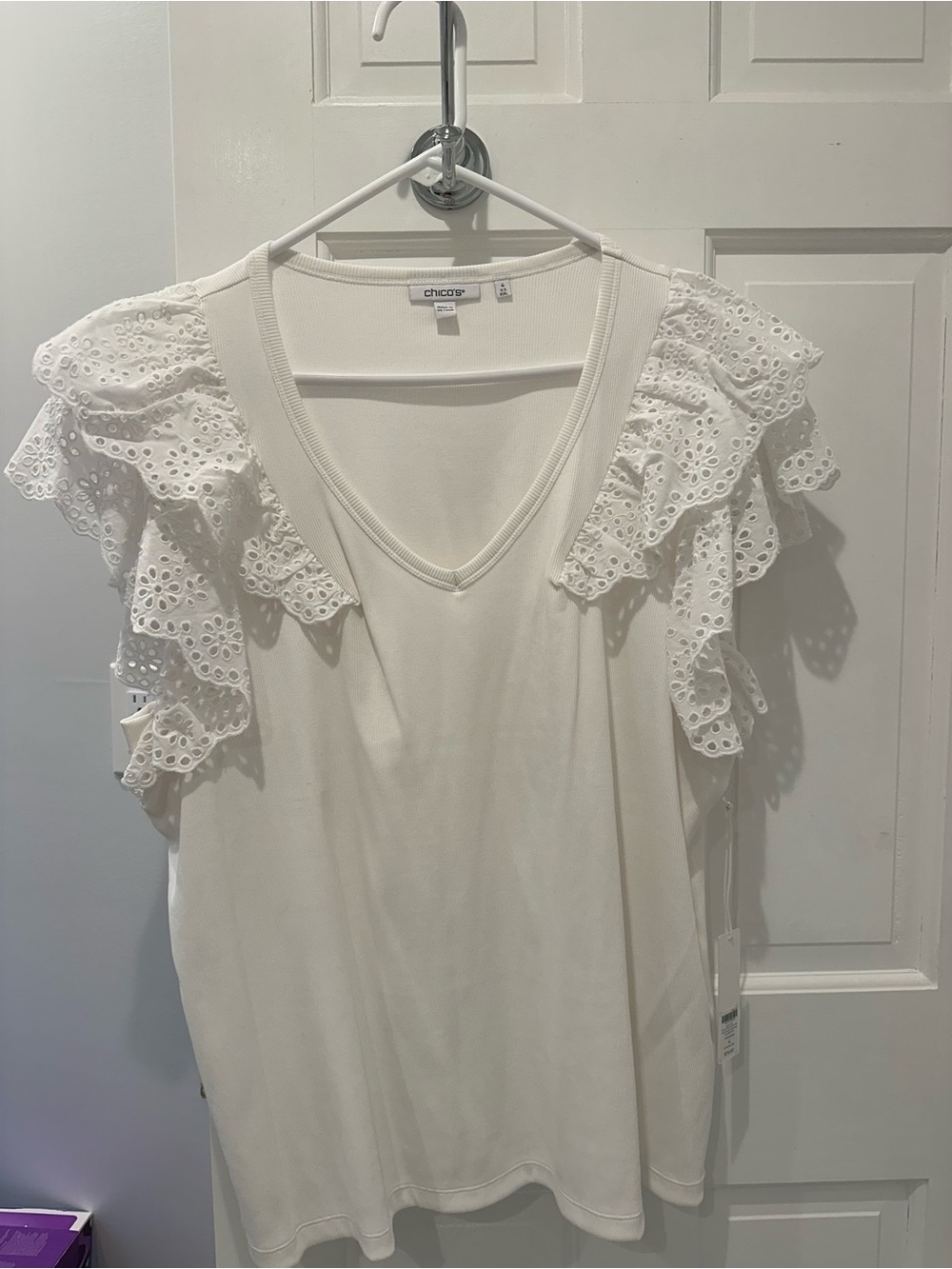 Chico's White Eyelet Ruffle V-Neck Tank